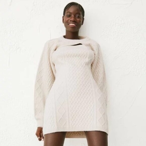 H&M SZ L Cream Cable-Knit Bodycon Wool Blend Sweater Dress Layering Classic - Picture 2 of 11